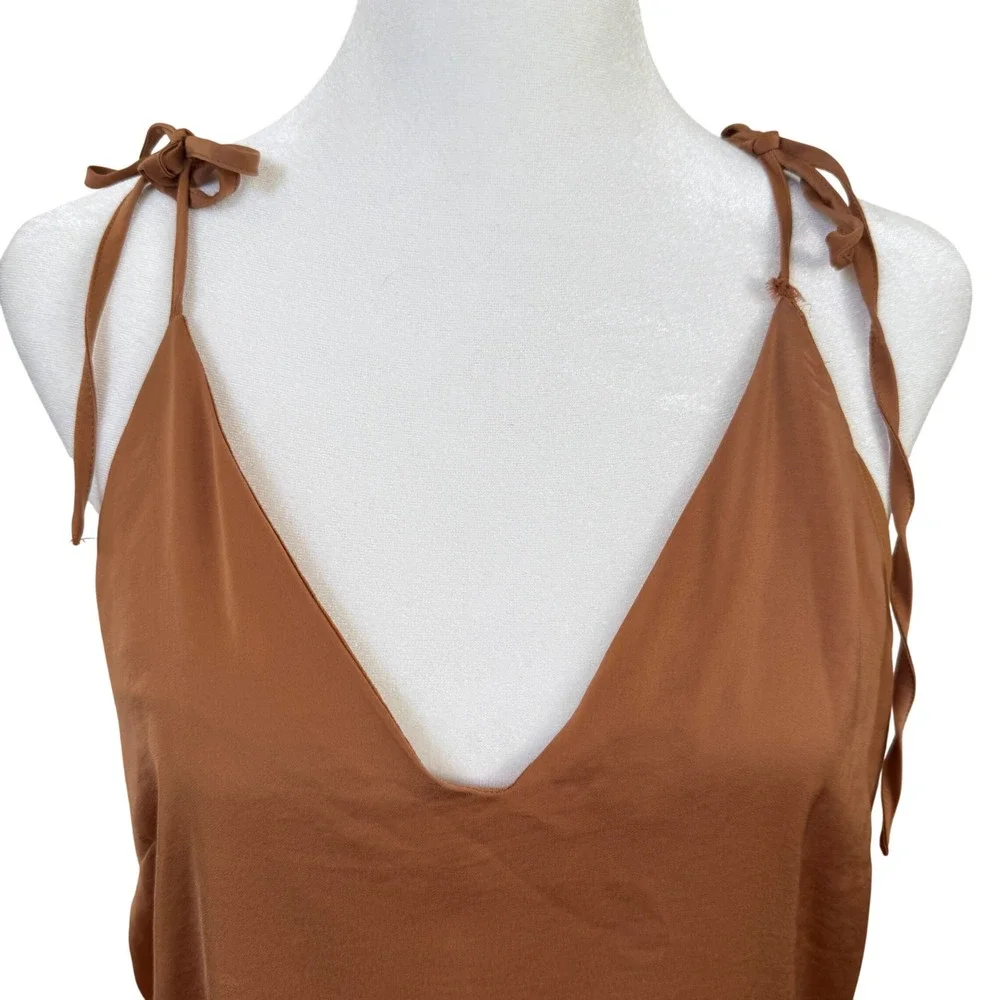 Avec Les Filles Satin Tie Strap Slip Dress Copper Brown Midi Women's Small
